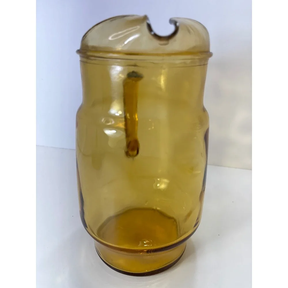 Anchor Hocking Tall Glass Pitcher Ice Lip Handle Amber Yellow Vintage‎ 9 inch
